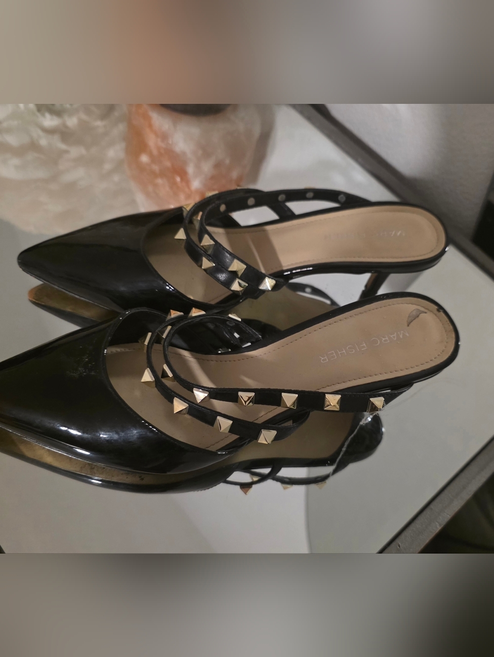 Marc Fisher Black Patent Pointed-Toe Stud Strap Mules